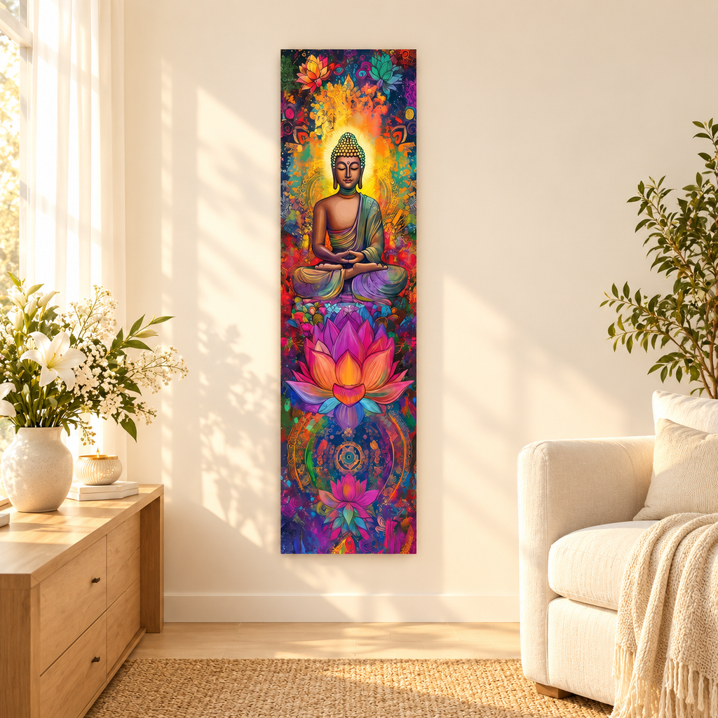 tapecaria buda lotus em composição Casa Aura555 com flores brancas e luz dourada. Objetos de ambientação não incluídos.