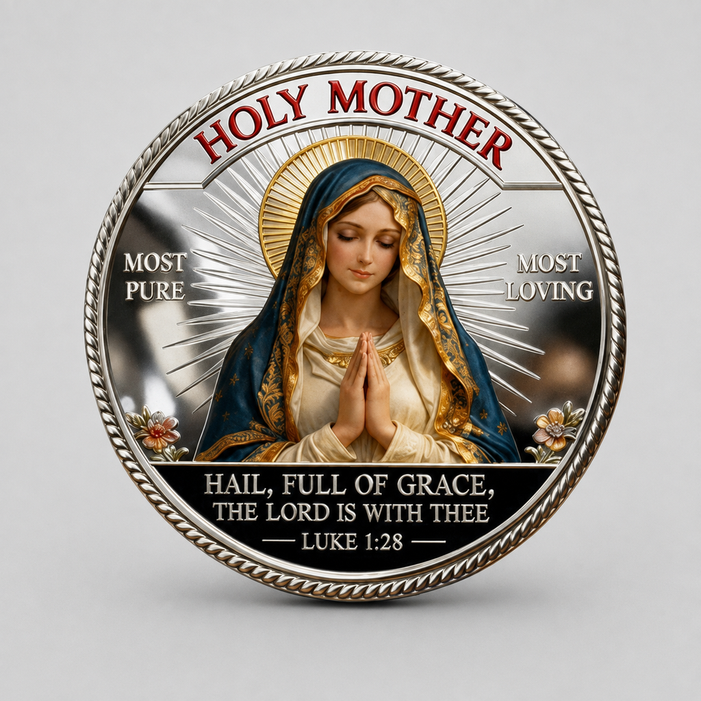 MOEDA NOSSA SENHORA MÃE DA GRAÇA – SOB SUA PROTEÇÃO - LUCAS 1:28, DUPLA FACE