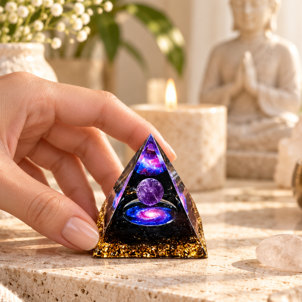 PIRÂMIDE DE ORGONITE GALÁXIA COM ESFERA DE AMETISTA. EQUILÍBRIO, SORTE E PROSPERIDADE