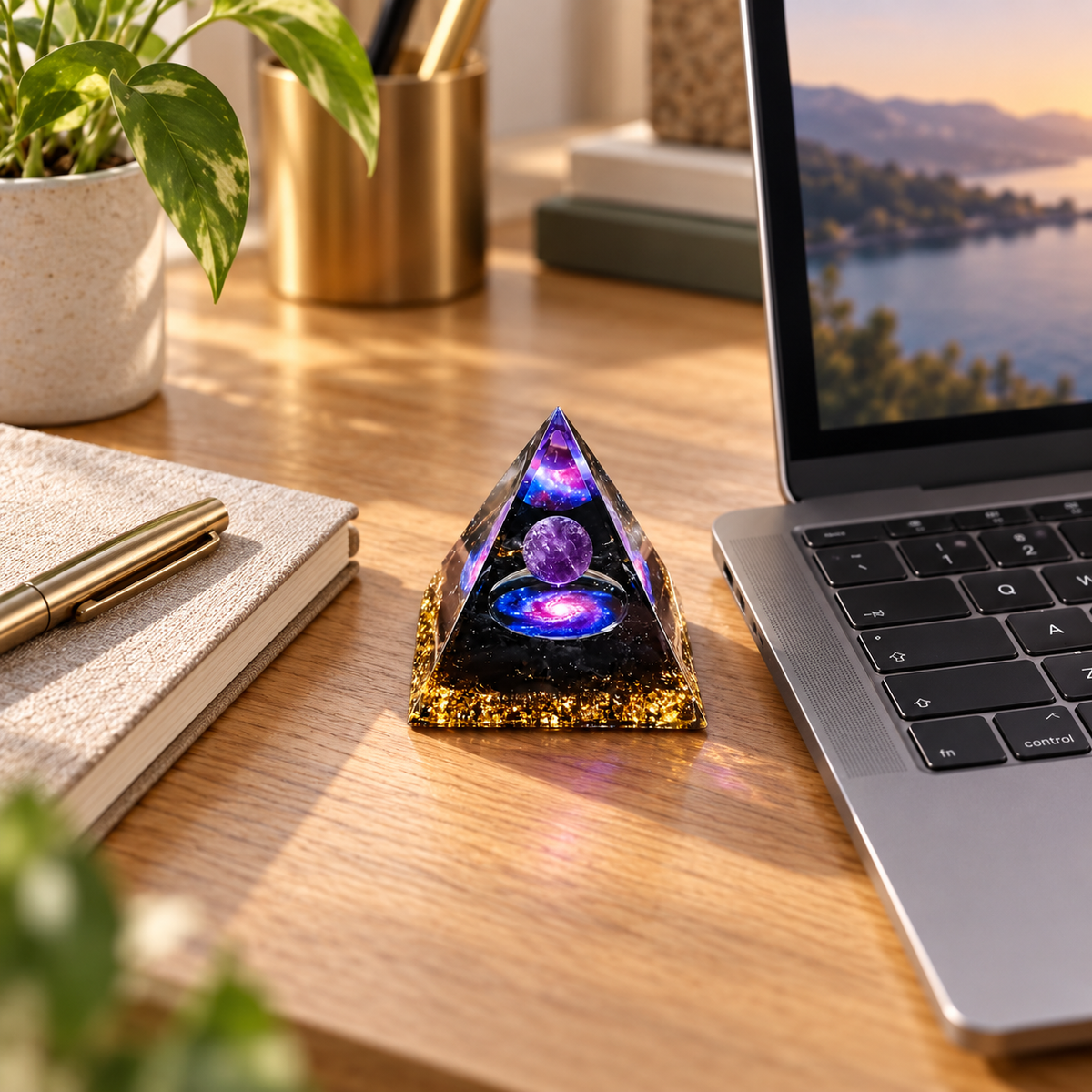 PIRÂMIDE DE ORGONITE GALÁXIA COM ESFERA DE AMETISTA. EQUILÍBRIO, SORTE E PROSPERIDADE
