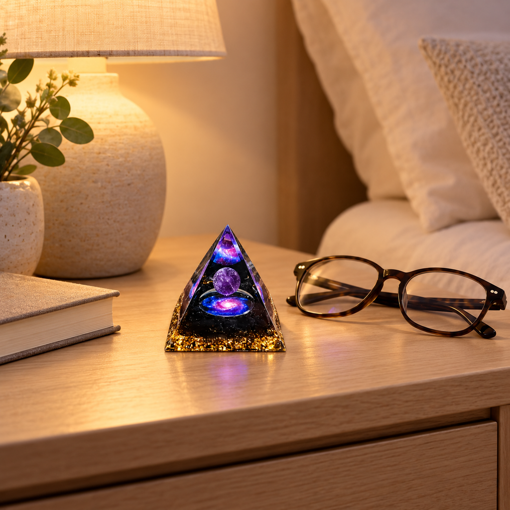 PIRÂMIDE DE ORGONITE GALÁXIA COM ESFERA DE AMETISTA. EQUILÍBRIO, SORTE E PROSPERIDADE