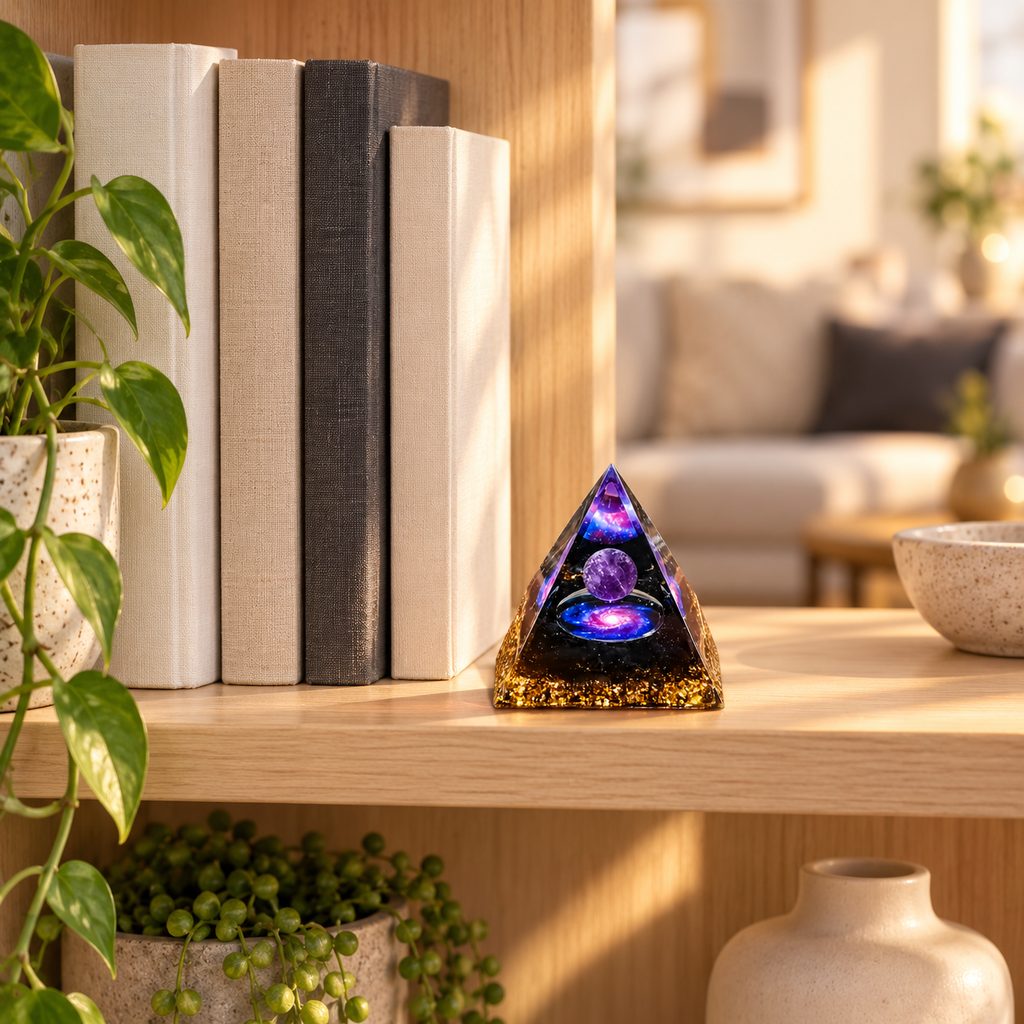 PIRÂMIDE DE ORGONITE GALÁXIA COM ESFERA DE AMETISTA. EQUILÍBRIO, SORTE E PROSPERIDADE