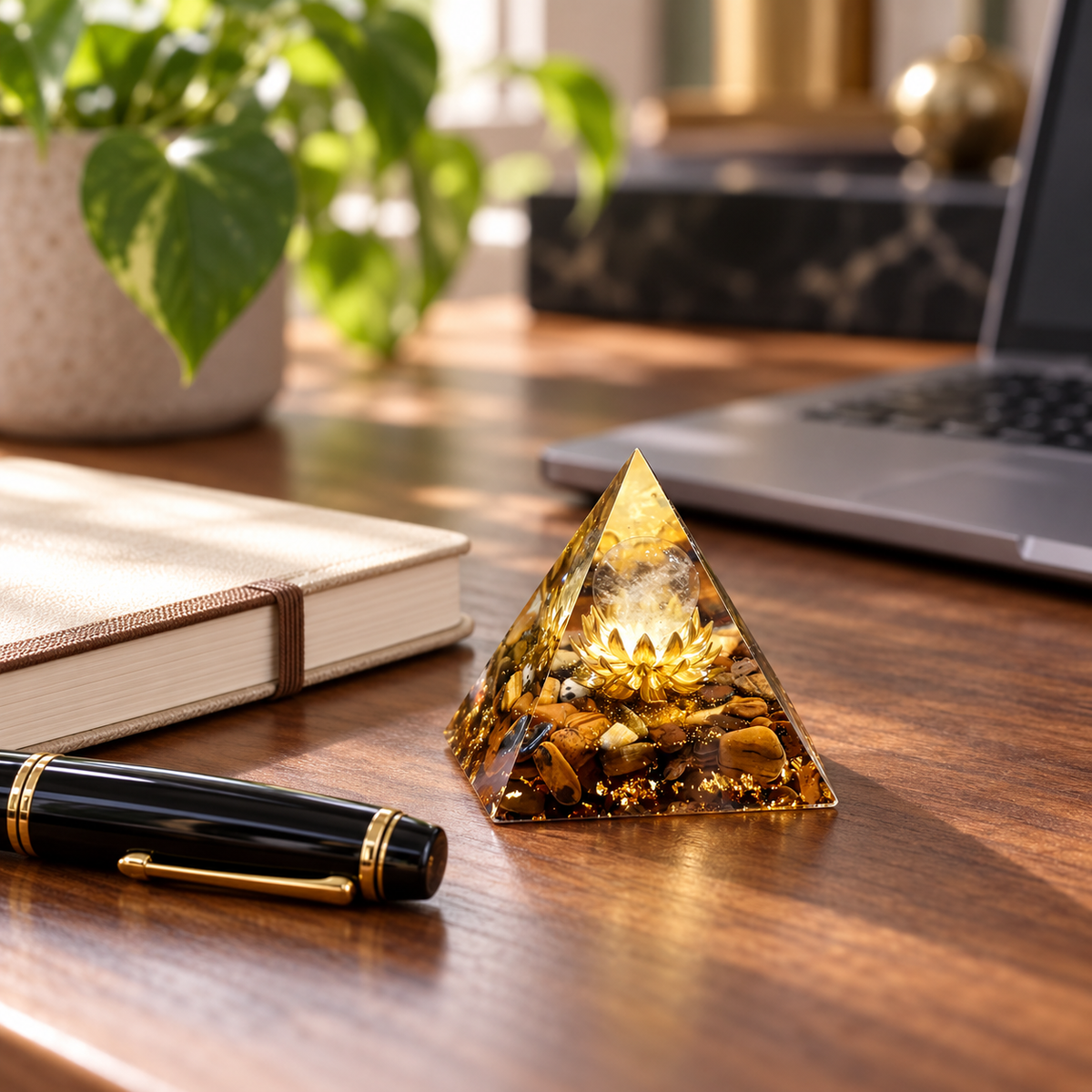 PIRÂMIDE DE ORGONITE LÓTUS COM OLHO DE TIGRE E CRISTAL TRANSPARENTE. CORAGEM, FOCO E PROTEÇÃO