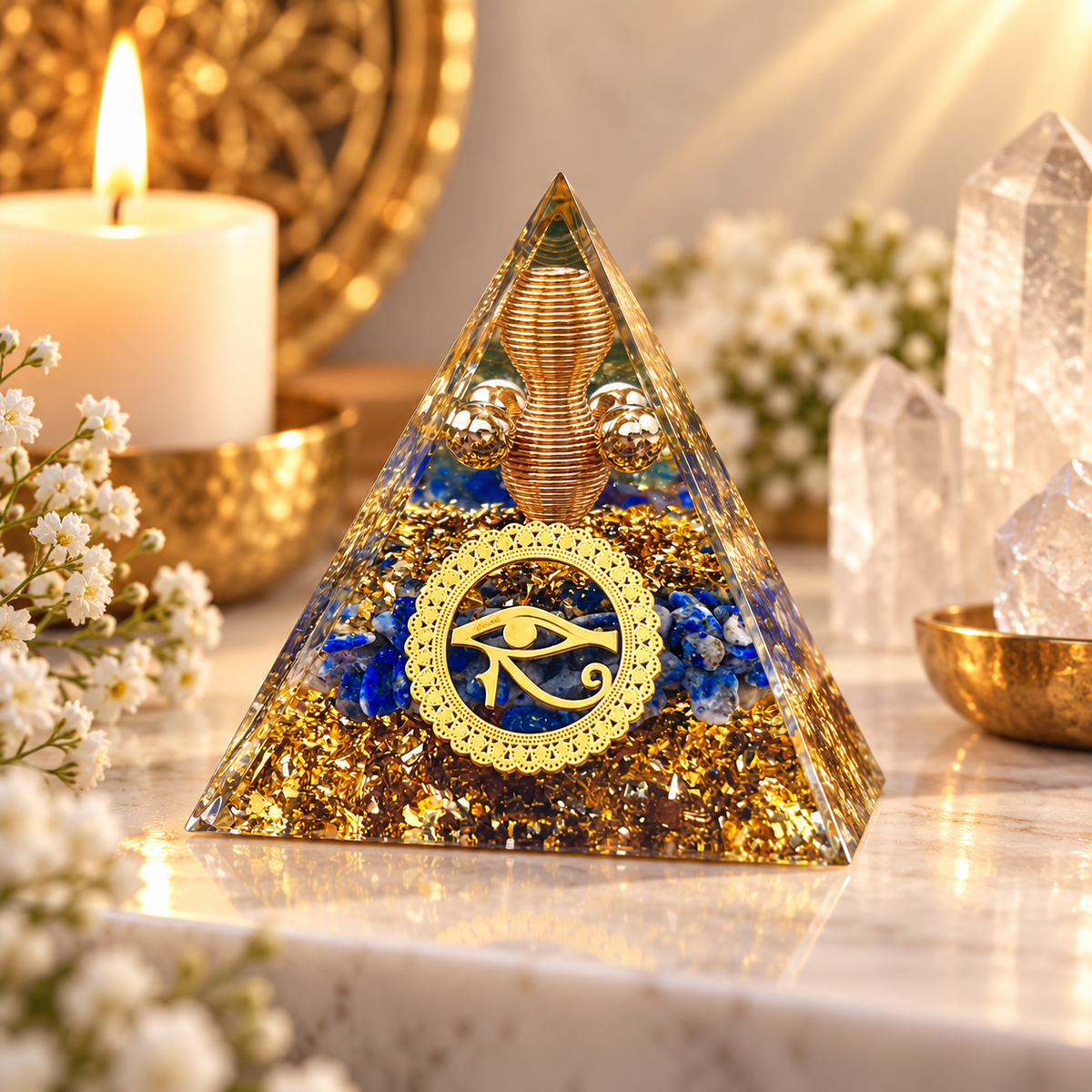 PIRÂMIDE DE ORGONITE OLHO DE HÓRUS COM LÁPIS-LAZÚLI - PROTEÇÃO, SABEDORIA E VISÃO INTERIOR