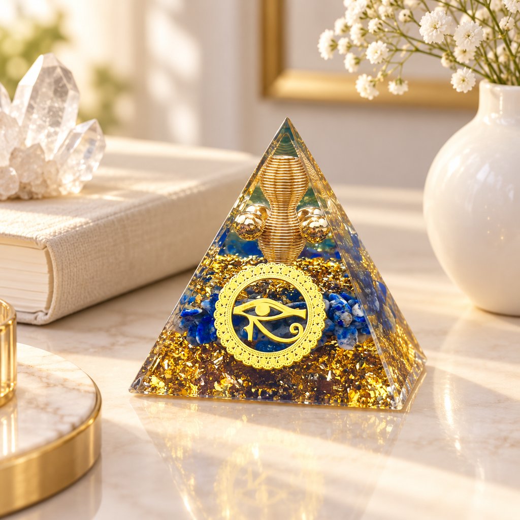 PIRÂMIDE DE ORGONITE OLHO DE HÓRUS COM LÁPIS-LAZÚLI - PROTEÇÃO, SABEDORIA E VISÃO INTERIOR