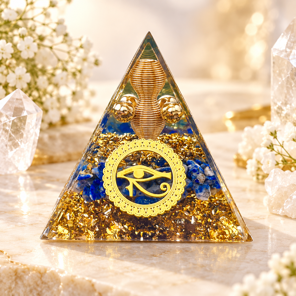 PIRÂMIDE DE ORGONITE OLHO DE HÓRUS COM LÁPIS-LAZÚLI - PROTEÇÃO, SABEDORIA E VISÃO INTERIOR