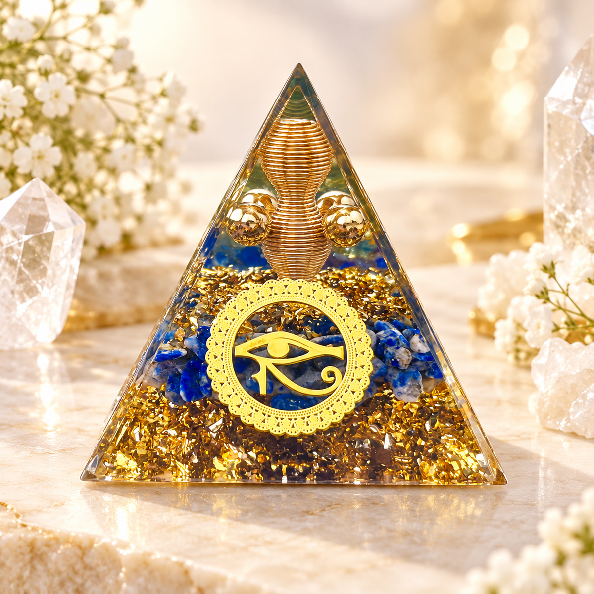 PIRÂMIDE DE ORGONITE OLHO DE HÓRUS COM LÁPIS-LAZÚLI - PROTEÇÃO, SABEDORIA E VISÃO INTERIOR