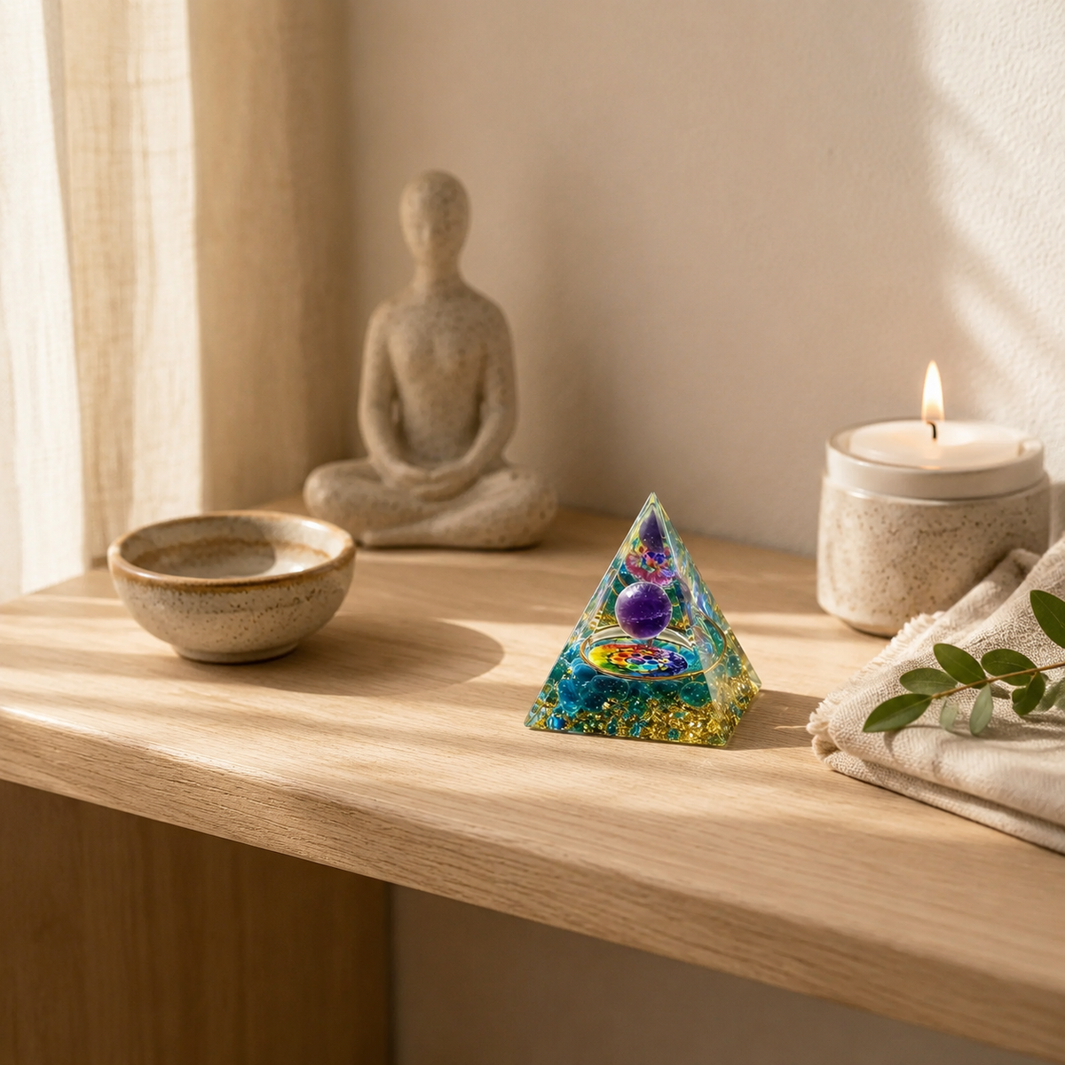 PIRÂMIDE DE ORGONITE COM AMETISTA E 7 CHAKRAS - EQUILÍBRIO, MEDITAÇÃO E HARMONIA