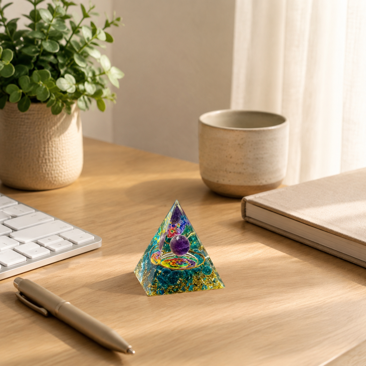PIRÂMIDE DE ORGONITE COM AMETISTA E 7 CHAKRAS - EQUILÍBRIO, MEDITAÇÃO E HARMONIA
