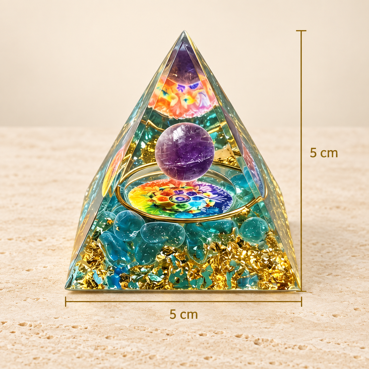 PIRÂMIDE DE ORGONITE COM AMETISTA E 7 CHAKRAS - EQUILÍBRIO, MEDITAÇÃO E HARMONIA