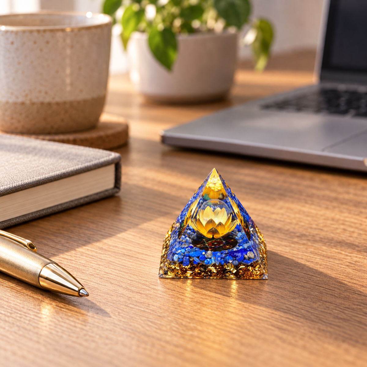 PIRÂMIDE DE ORGONITE LÓTUS COM LÁPIS-LAZÚLI. SABEDORIA, VERDADE E RENASCIMENTO