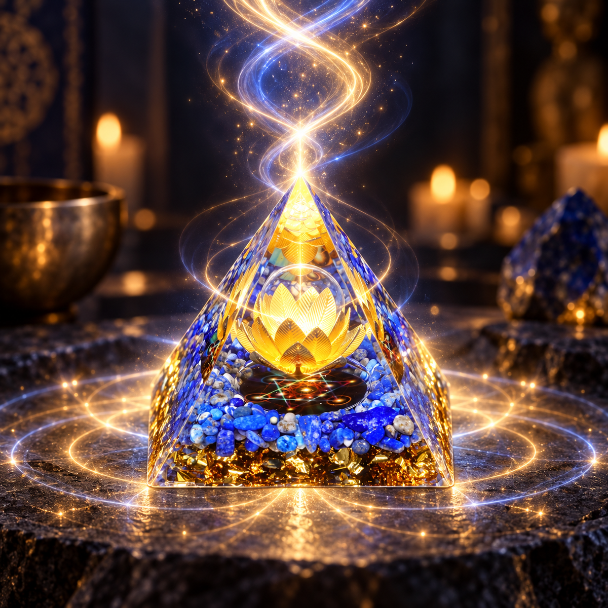 PIRÂMIDE DE ORGONITE LÓTUS COM LÁPIS-LAZÚLI. SABEDORIA, VERDADE E RENASCIMENTO