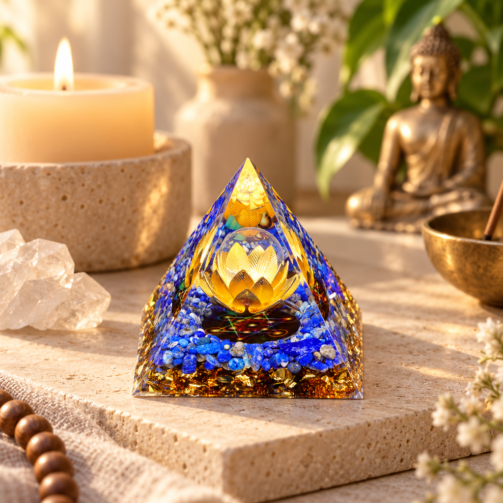 PIRÂMIDE DE ORGONITE LÓTUS COM LÁPIS-LAZÚLI. SABEDORIA, VERDADE E RENASCIMENTO