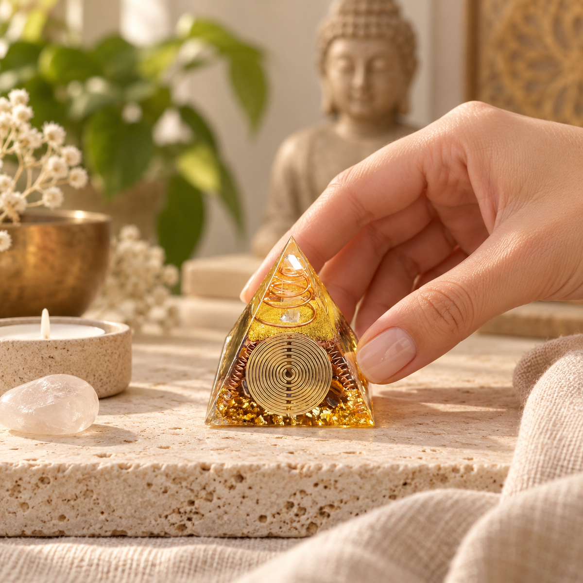PIRÂMIDE DE ORGONITE "LUCE DELLA FORTUNA" COM CRISTAIS E ESPIRAL DE COBRE.