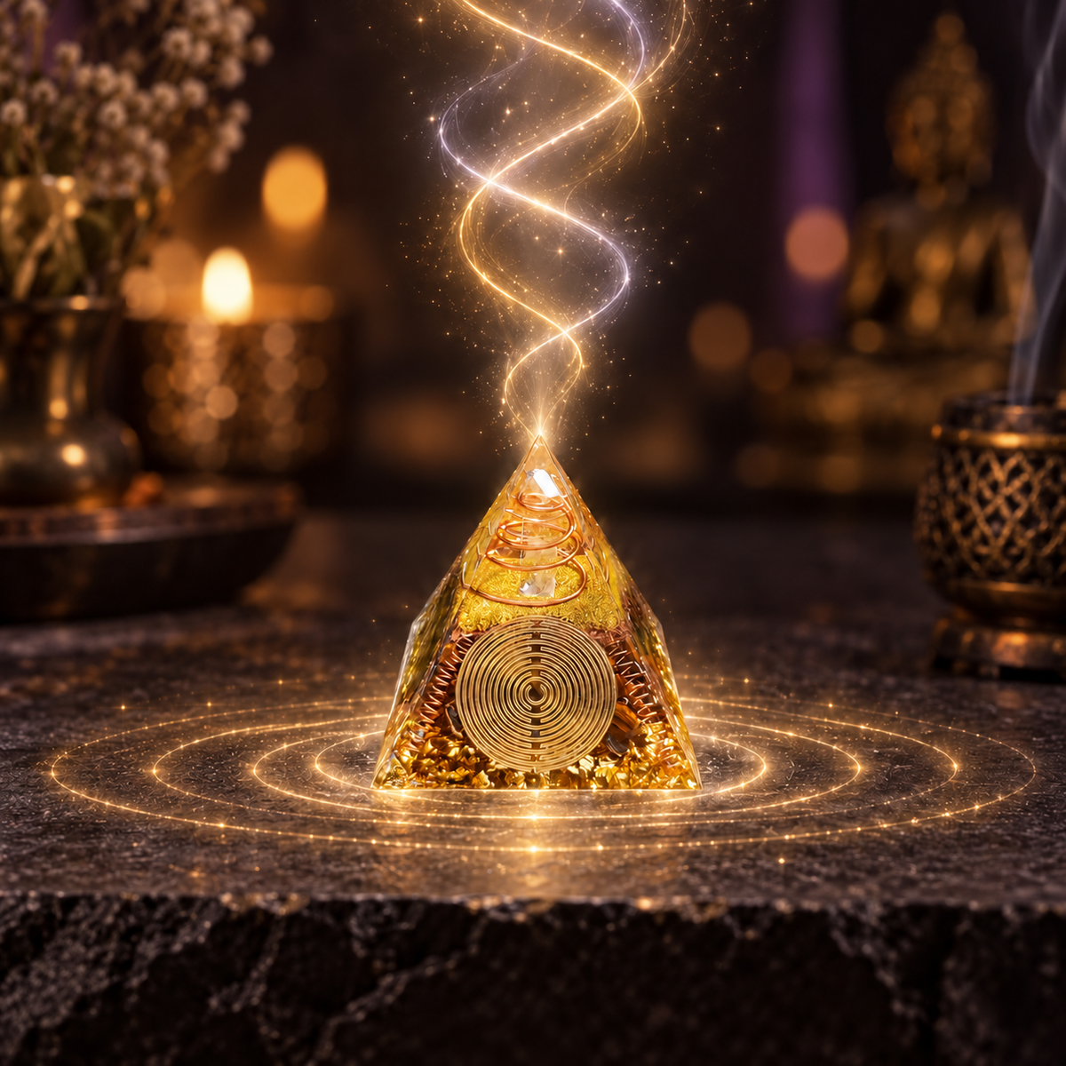 PIRÂMIDE DE ORGONITE "LUCE DELLA FORTUNA" COM CRISTAIS E ESPIRAL DE COBRE.