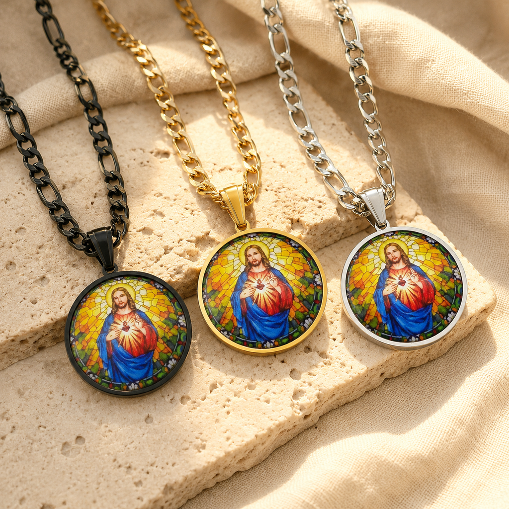 COLAR MEDALHA SAGRADO CORAÇÃO DE JESUS EM AÇO INOXIDÁVEL