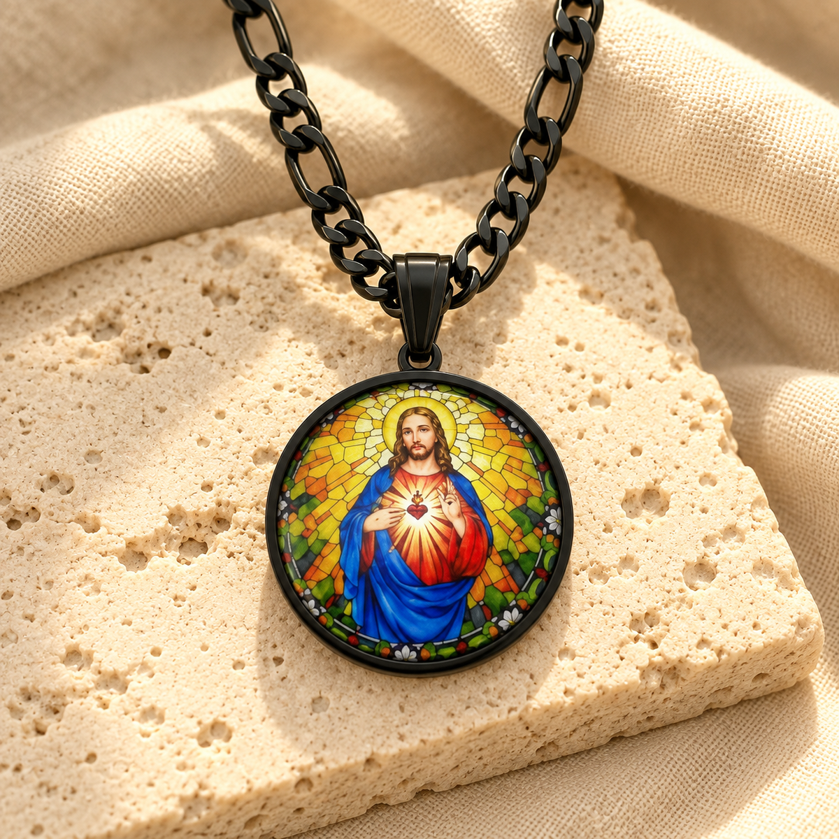 COLAR MEDALHA SAGRADO CORAÇÃO DE JESUS EM AÇO INOXIDÁVEL