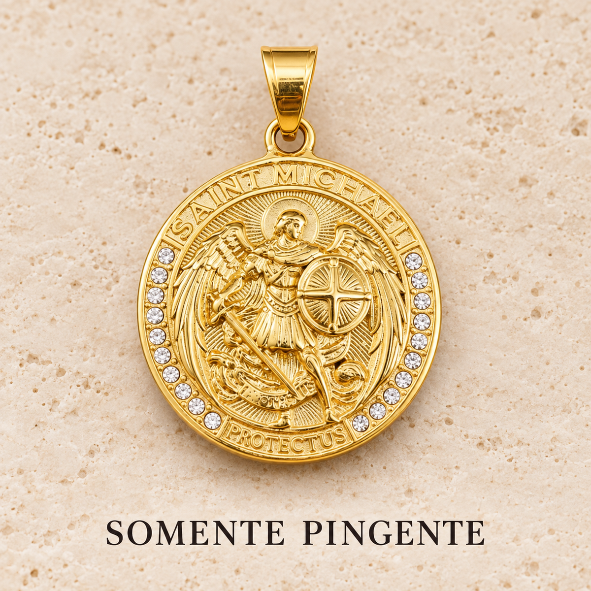 COLAR DE SÃO MIGUEL ARCANJO DOURADO EM AÇO INOXIDÁVEL COM STRASS