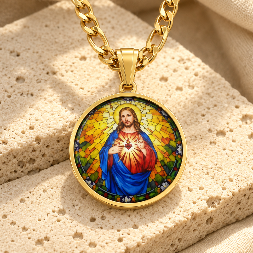 COLAR MEDALHA SAGRADO CORAÇÃO DE JESUS EM AÇO INOXIDÁVEL