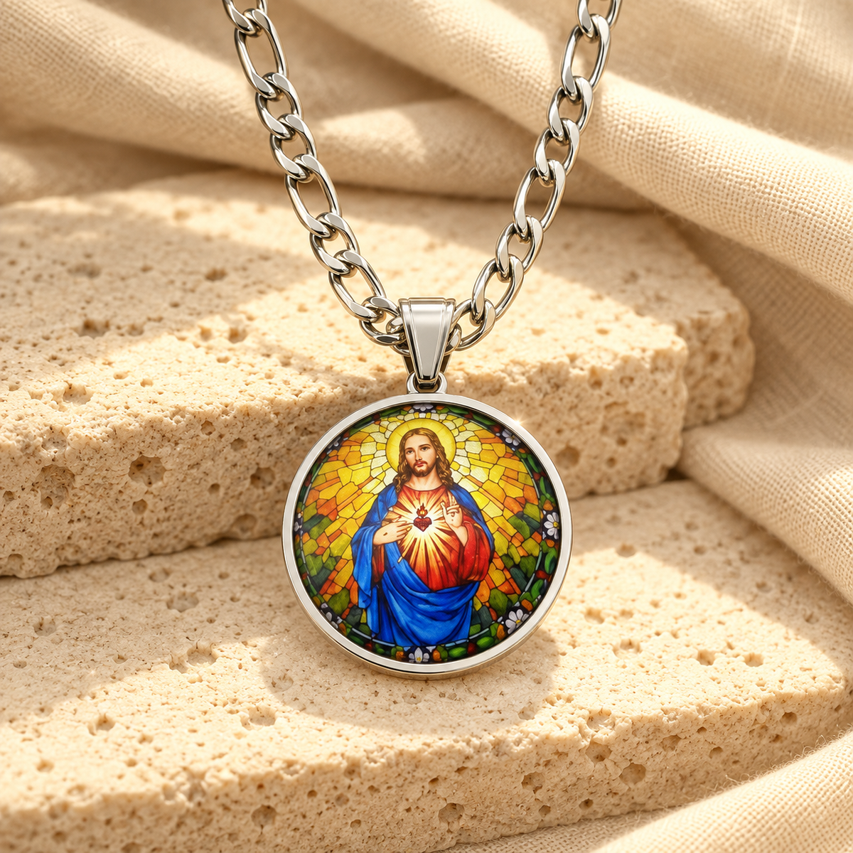 COLAR MEDALHA SAGRADO CORAÇÃO DE JESUS EM AÇO INOXIDÁVEL