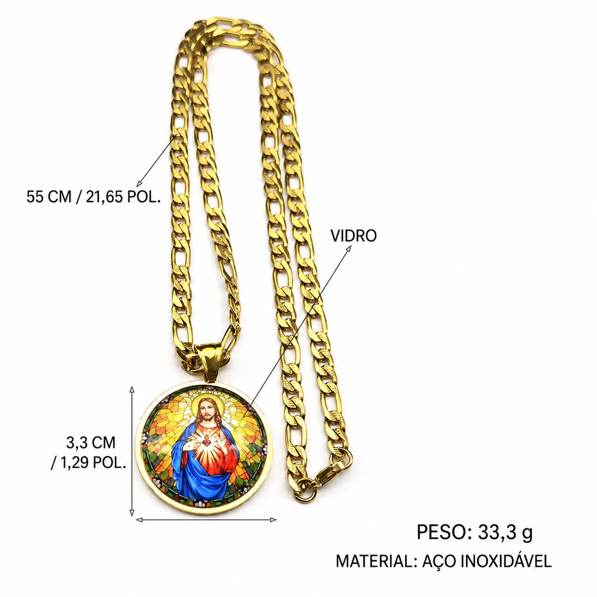 COLAR MEDALHA SAGRADO CORAÇÃO DE JESUS EM AÇO INOXIDÁVEL