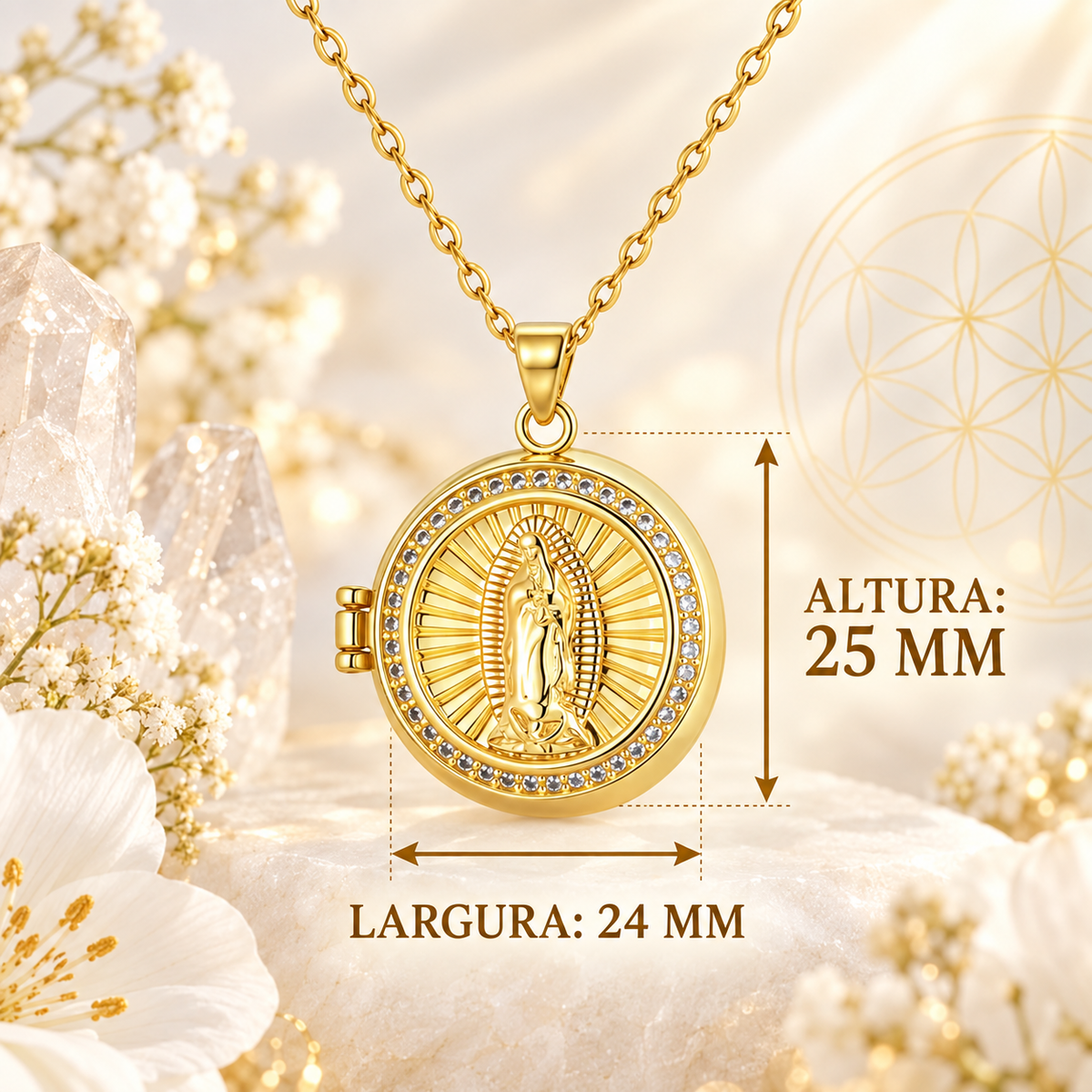 COLAR RELICÁRIO NOSSA SENHORA DE GUADALUPE COM ZIRCÔNIAS
