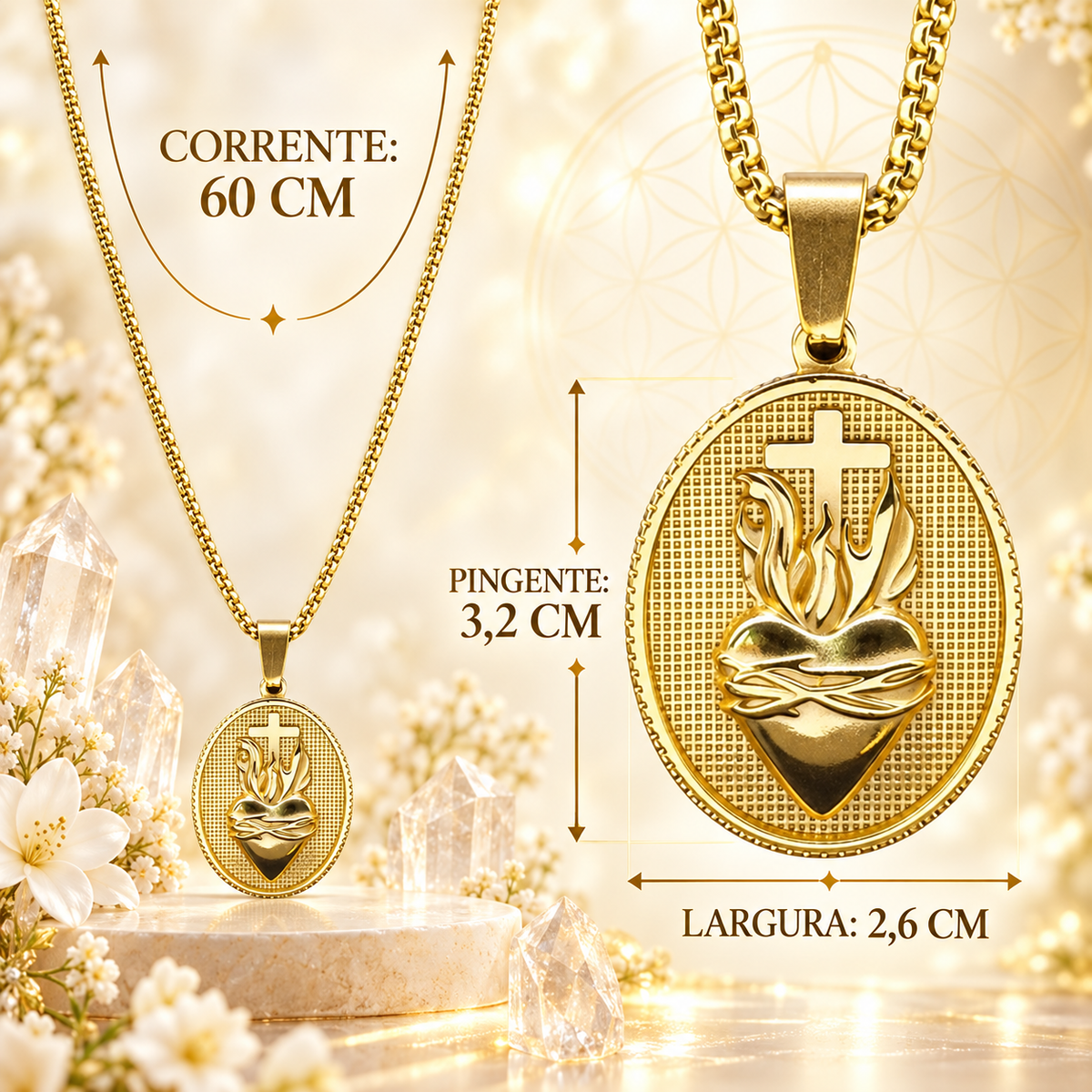 COLAR SAGRADO CORAÇÃO DE JESUS COM CRUZ — AÇO INOXIDÁVEL DOURADO UNISSEX