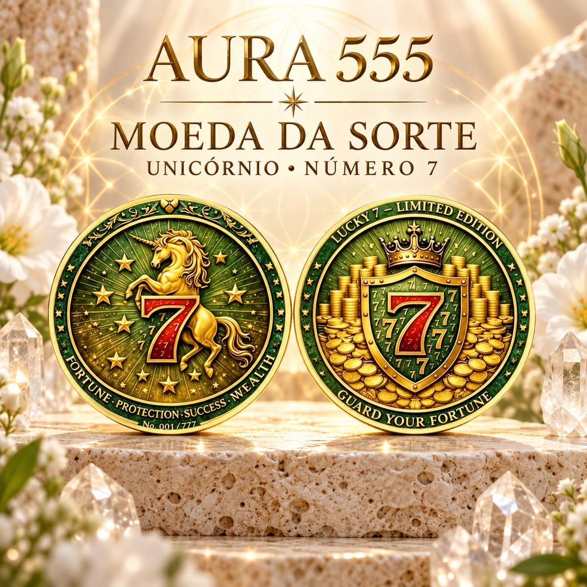 MOEDA COLECIONÁVEL DA SORTE - UNICÓRNIO E NÚMERO 7