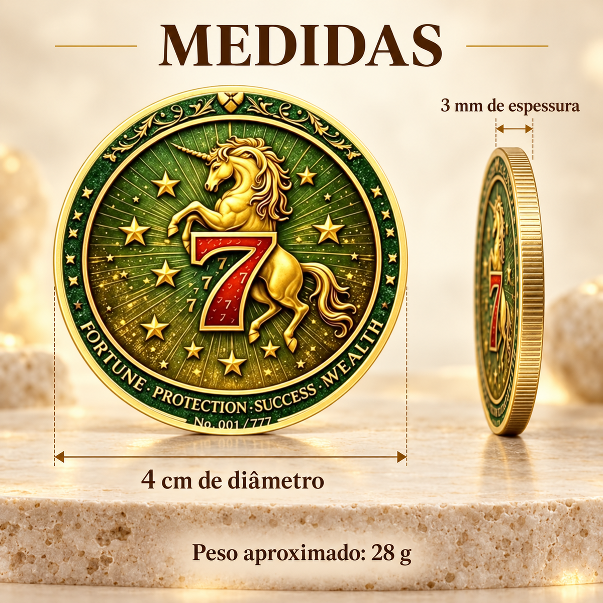 MOEDA COLECIONÁVEL DA SORTE - UNICÓRNIO E NÚMERO 7