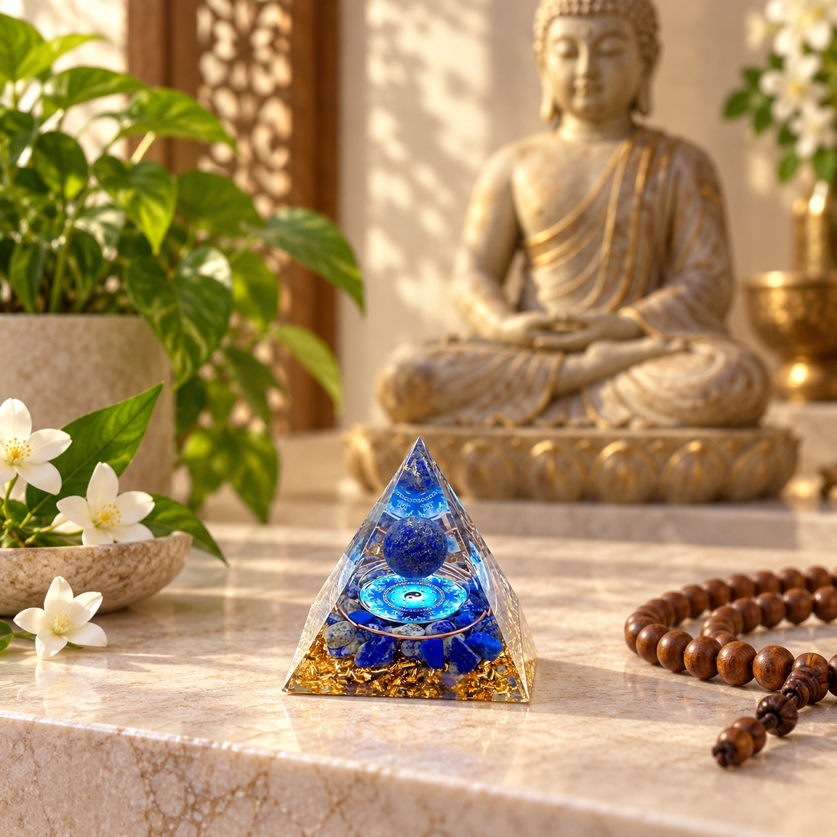 PIRÂMIDE DE ORGONITE TAI CHI COM ESFERA DE LÁPIS-LAZÚLI. EQUILÍBRIO, SABEDORIA E HARMONIA