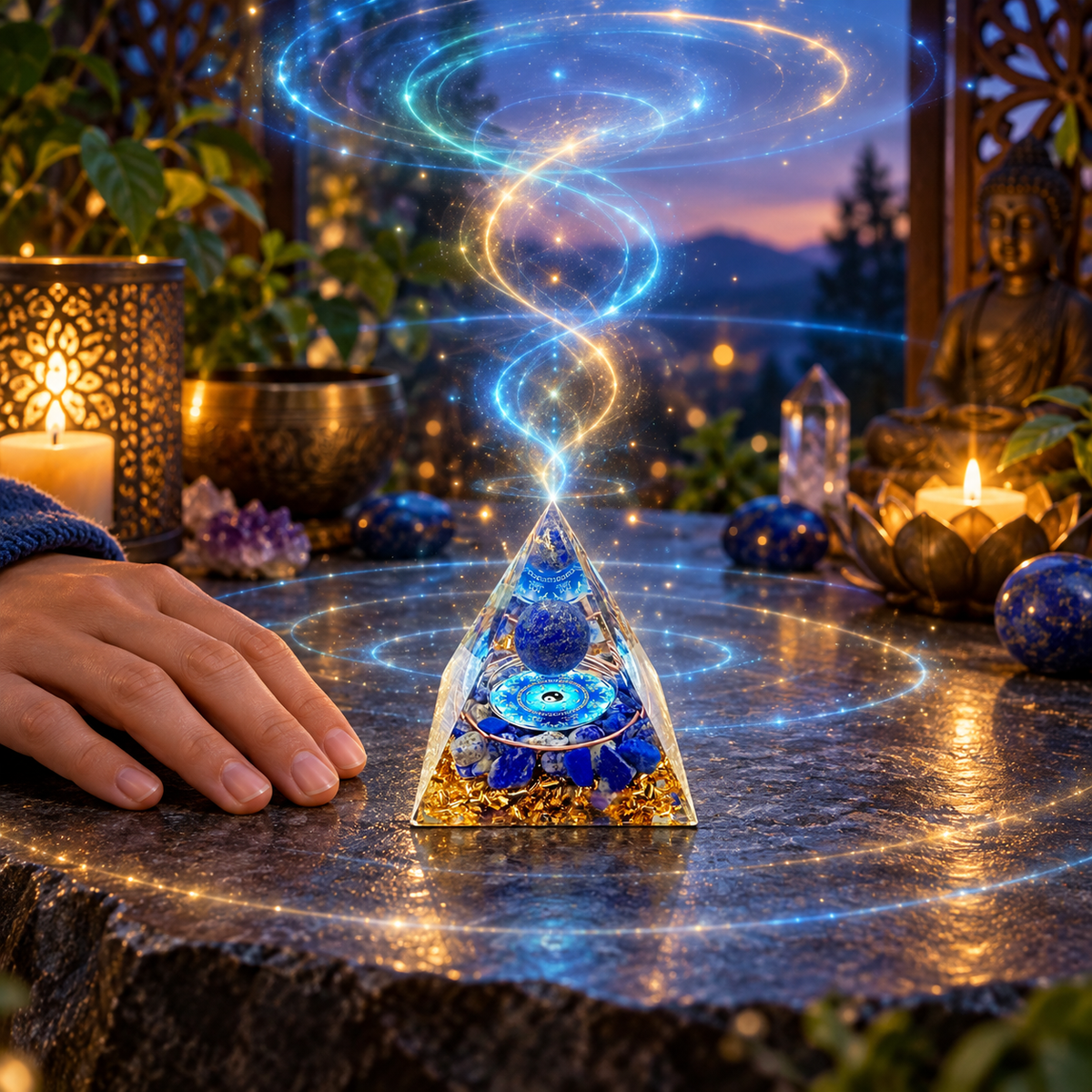 PIRÂMIDE DE ORGONITE TAI CHI COM ESFERA DE LÁPIS-LAZÚLI. EQUILÍBRIO, SABEDORIA E HARMONIA